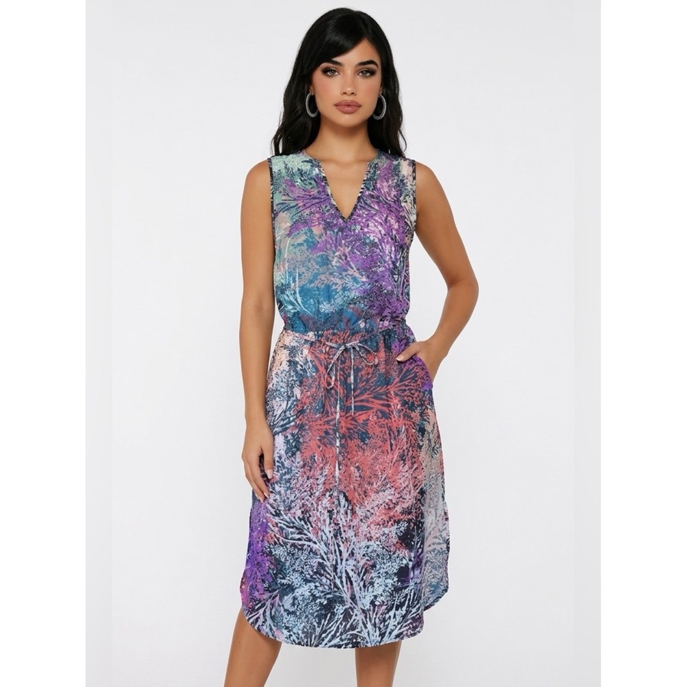 LA Made Sleeveless Midi Dress Womens Medium Multicolored Abstract Print V-Neck